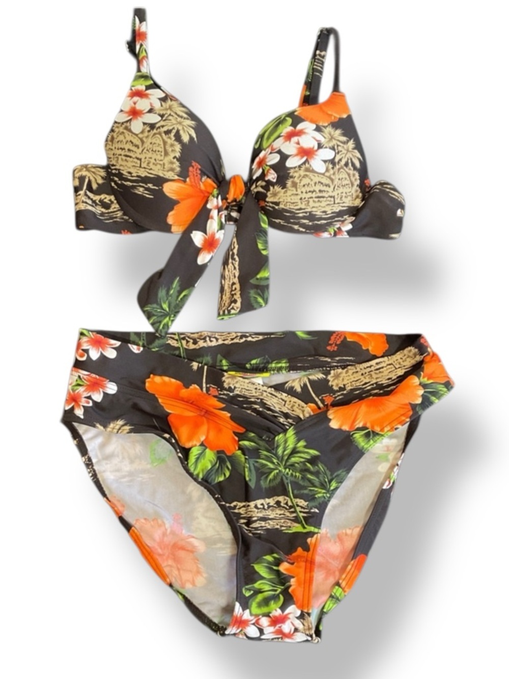 Bikini Bay Swimsuit Tropical Hawaiian Brown Floral 2 Piece Set Bathing Suit Sz 8